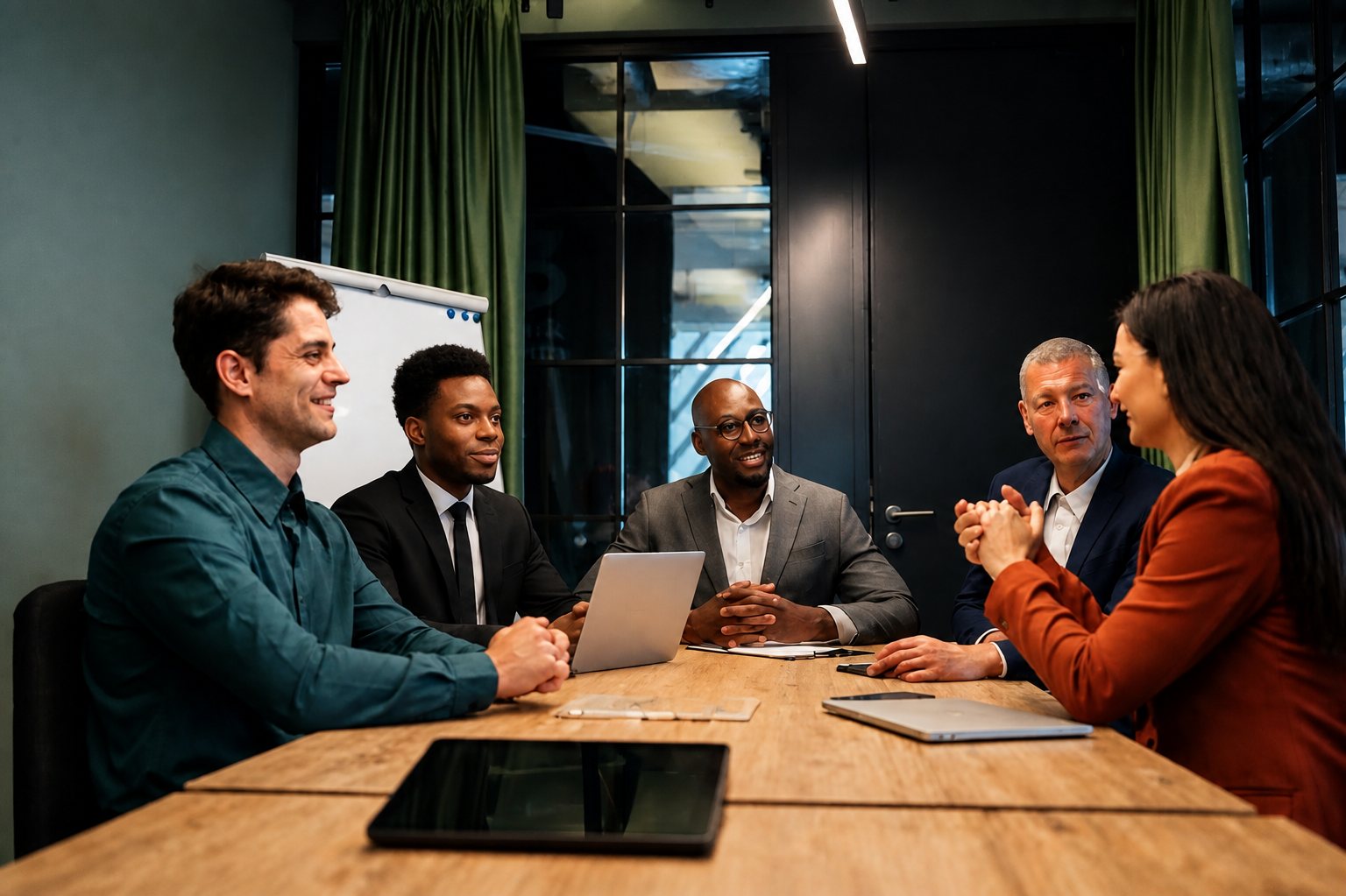 A diverse leadership team in conversation around a table