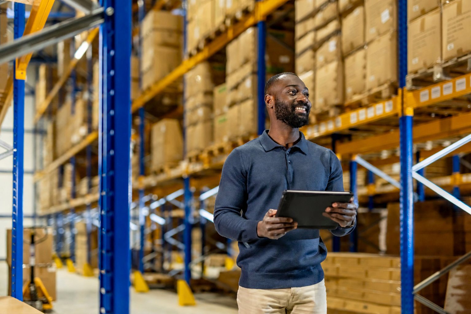 A business leader in a warehouse